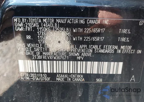 2015 Toyota Rav4 Le из США, поврежденный, VIN 2T3BFREVXFW367671